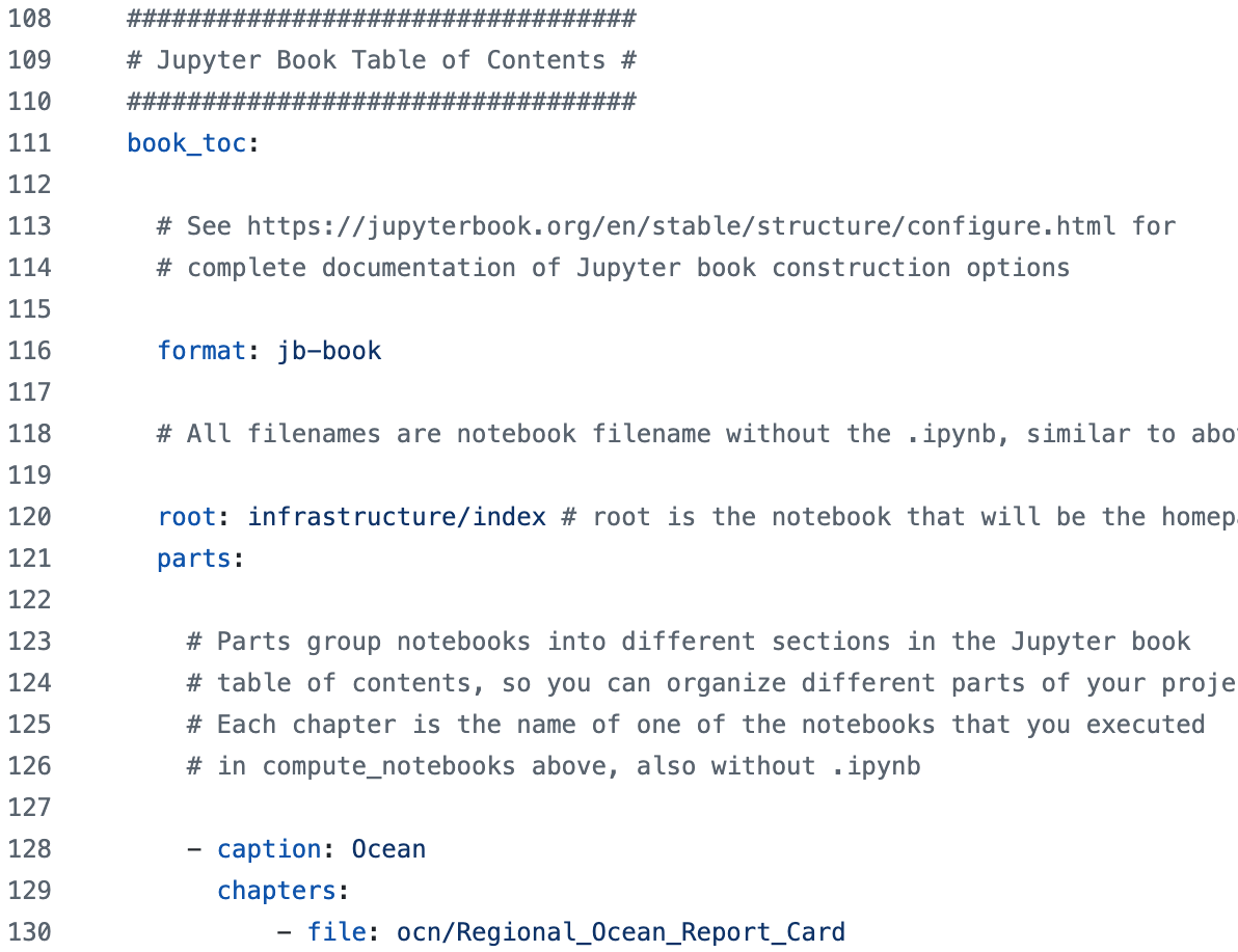 jupyter book table of contents section of config.yml